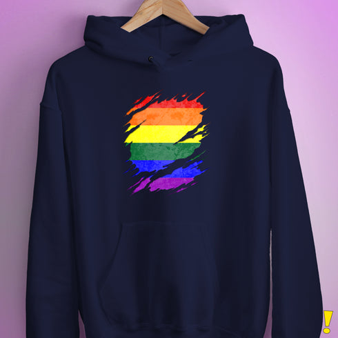 LGBTQ Pride Flag Ripped Reveal Hoodie - Navy